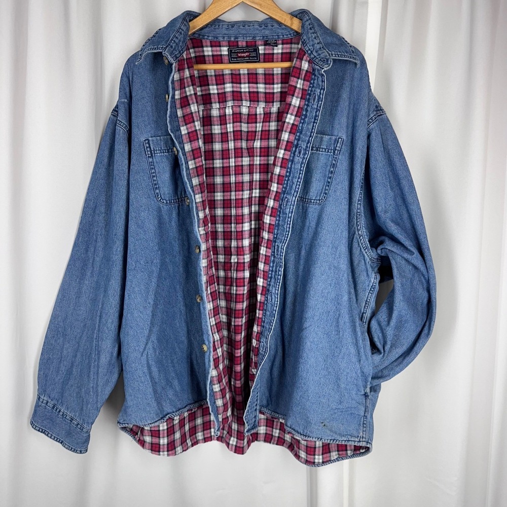 Vintage Wrangler Denim Shirt Jacket 3XL Plaid Lined Workwear Distressed Grunge